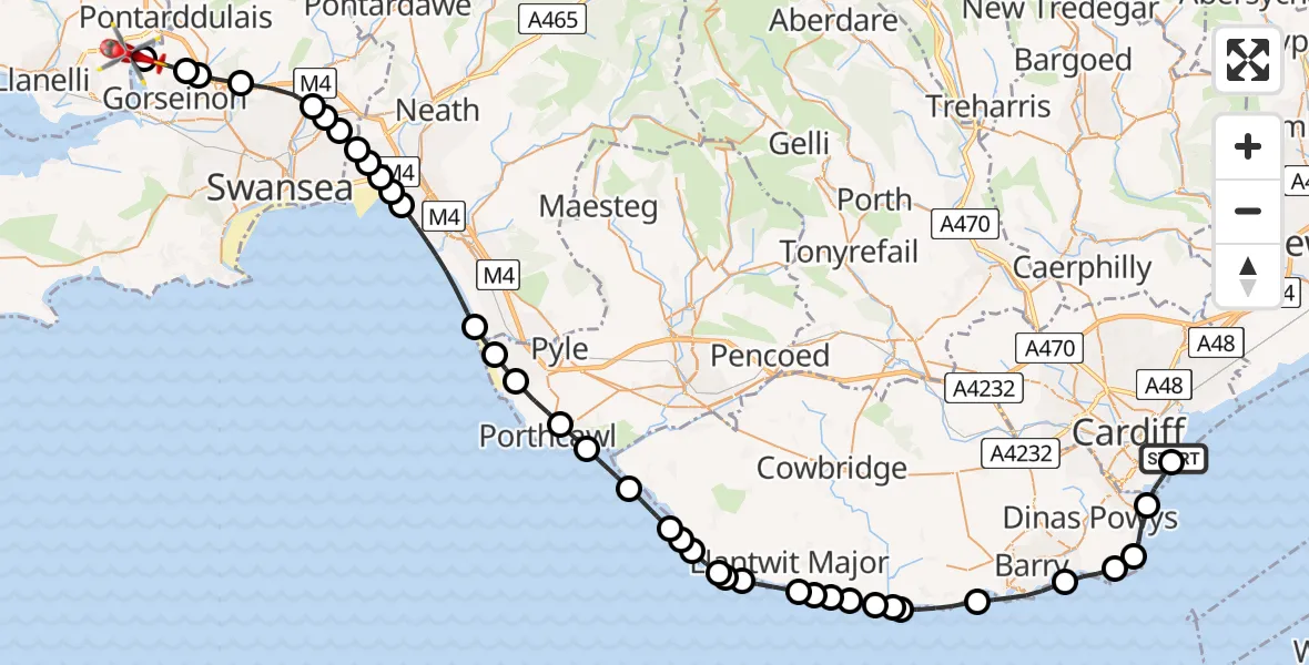 Flight route map: Air Ambulance Helicopter to Llangennech, Clos Maes Isaf