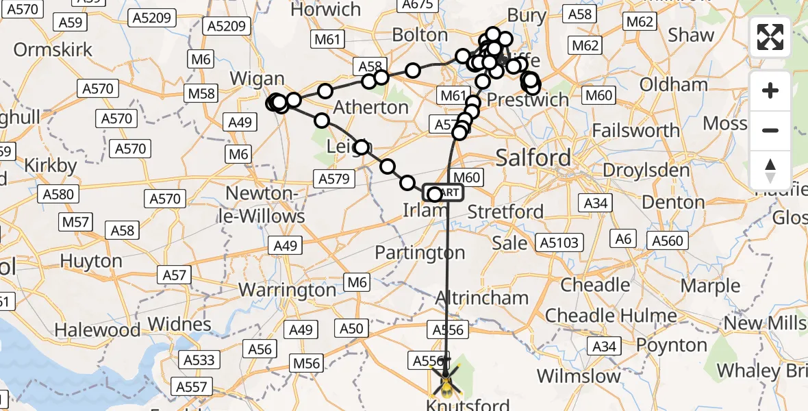 Flight route map: Police Helicopter to Mere, Warrington Road