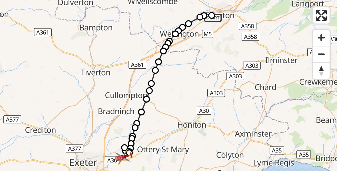 Flight route map: Air Ambulance Helicopter to Exeter International Airport, Exeter International Airport