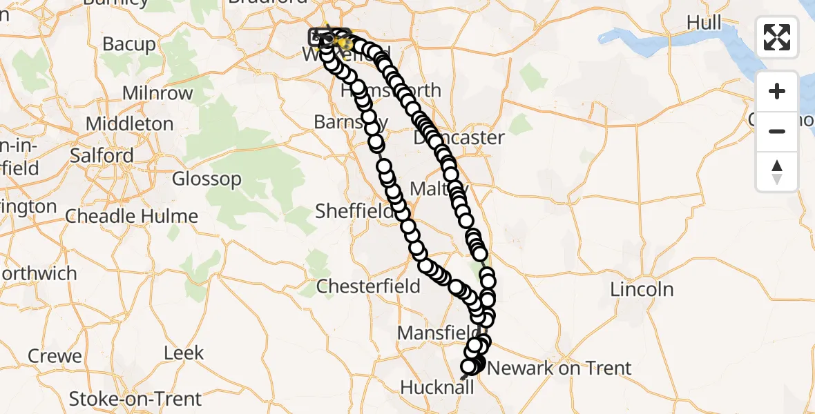Flight path map showing Police Helicopter route from East Ardsley to Wakefield