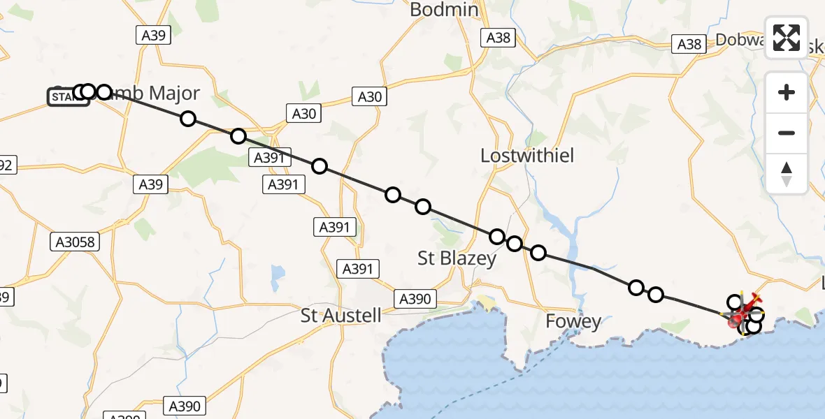Routekaart van de vlucht: Air Ambulance Helicopter to Porthallow, A387