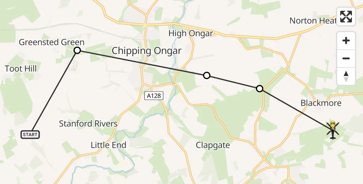 Routekaart van de vlucht: Police Helicopter to Fryerning, Blackmore Road