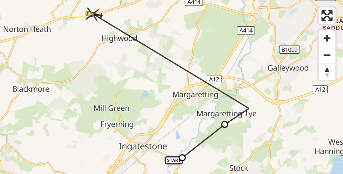 Routekaart van de vlucht: Police Helicopter to Highwood, Ongar Road