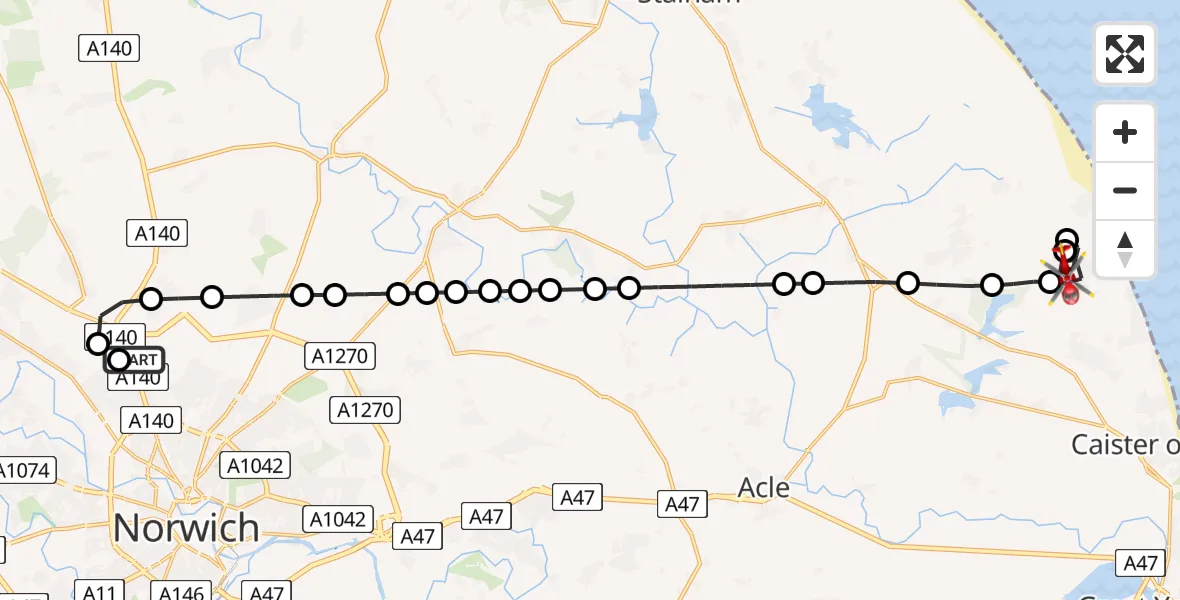 Flight route map: Air Ambulance Helicopter to Hemsby, Stable Field Way
