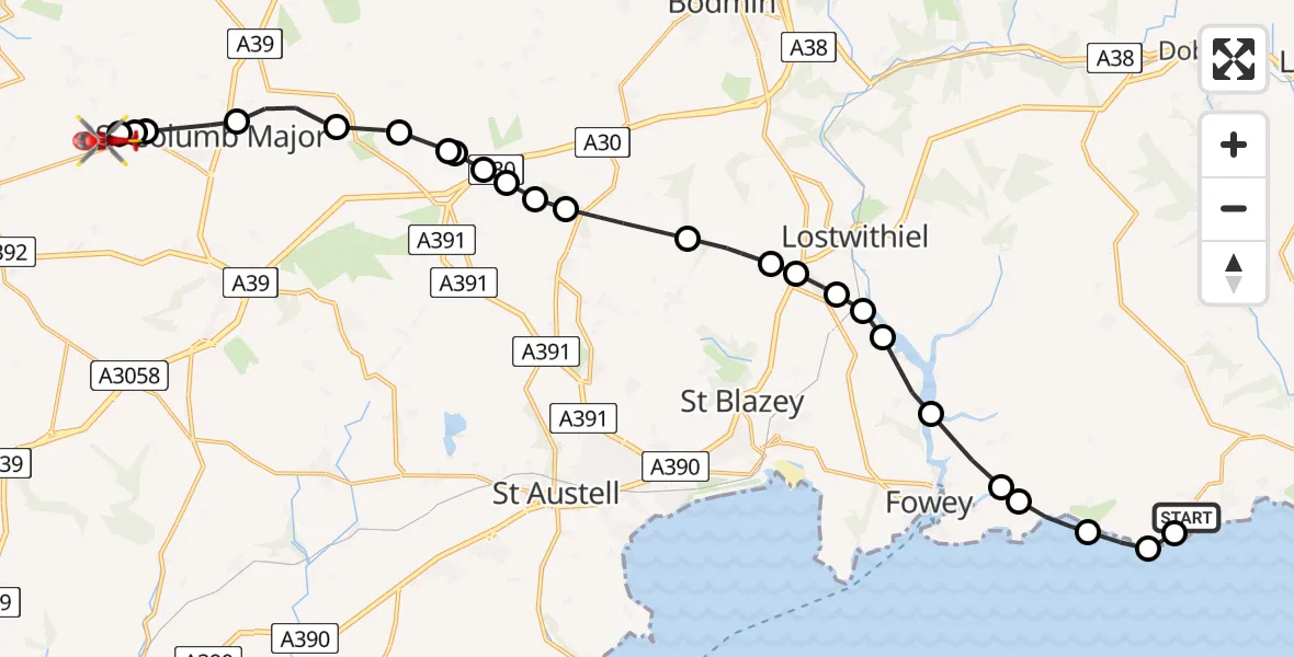 Routekaart van de vlucht: Air Ambulance Helicopter to Cornwall Airport Newquay, Cornwall Airport Newquay