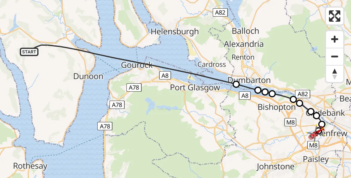 Flight path map showing Air Ambulance Helicopter route from Inner Seas to Glasgow Airport