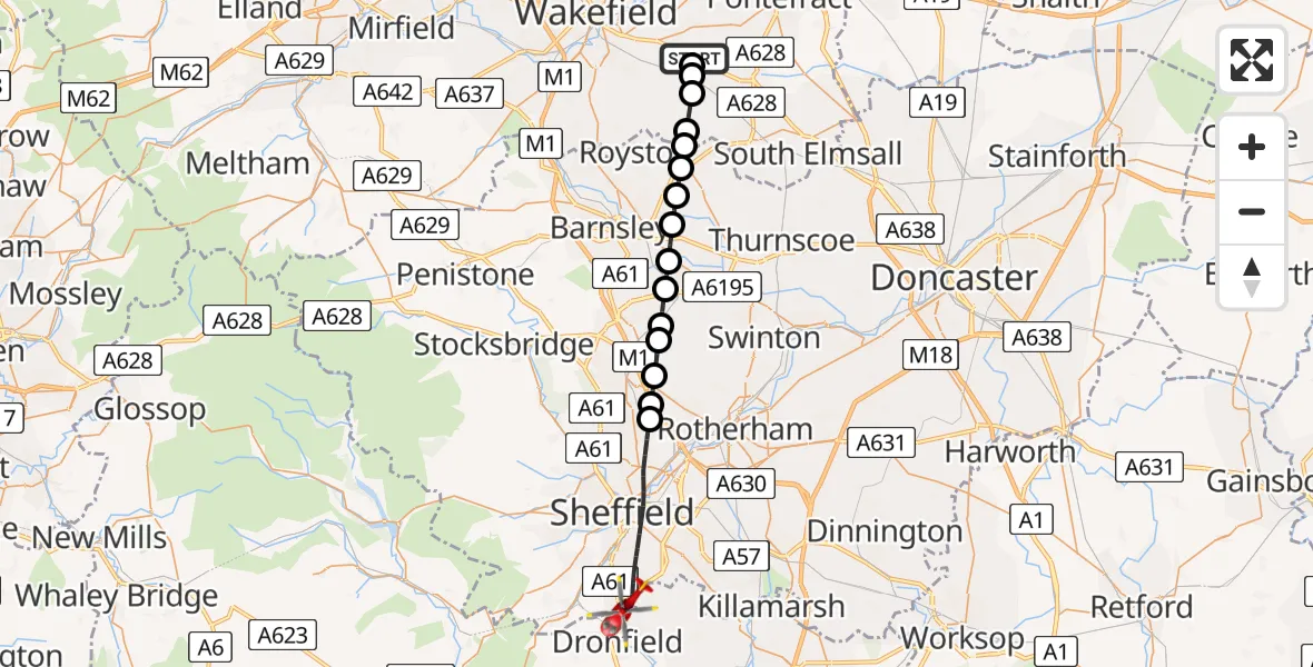 Flight route map: Air Ambulance Helicopter to Sheffield, Dyche Lane