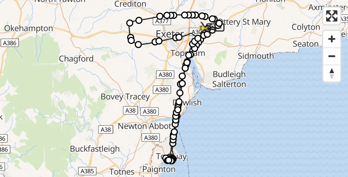 Flight route map: Police Helicopter to Exeter International Airport, Exeter International Airport