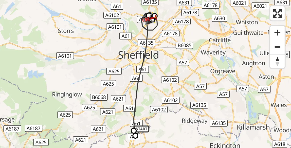 Flight route map: Air Ambulance Helicopter to Sheffield Northern Hospital, Sheffield Northern Hospital