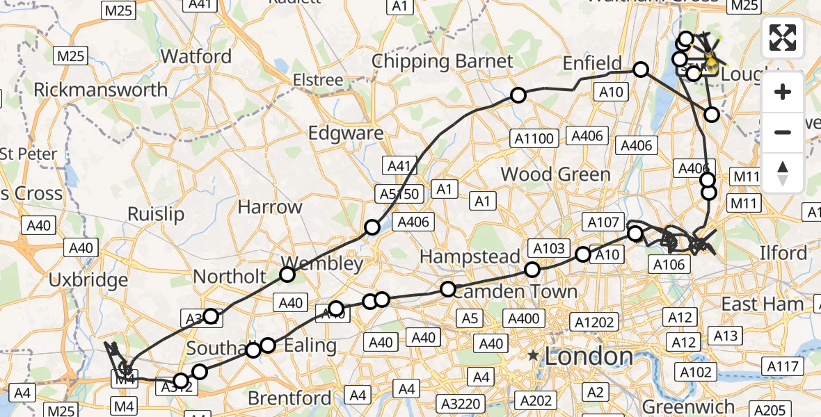 Flight route map: Police Helicopter to Sewardstonebury, Blind Lane