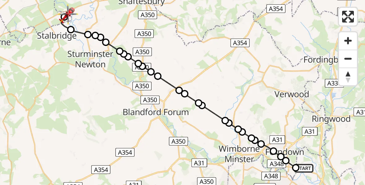 Flight route map: Air Ambulance Helicopter to Henstridge Airfield, Henstridge Airfield