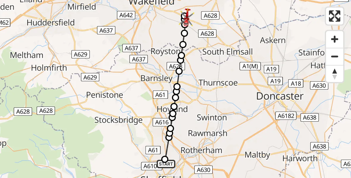 Flight route map: Air Ambulance Helicopter to YAA Nostell Helicopter Port, YAA Nostell Helicopter Port