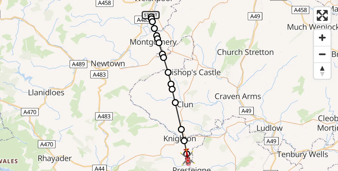 Flight route map: Air Ambulance Helicopter to Norton, Meeting House Lane