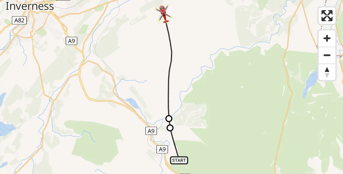 Flight route map: Air Ambulance Helicopter to Ruthven, General Wade's Military Road