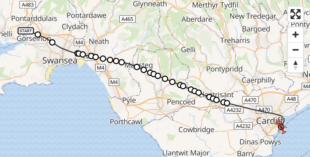 Flight route map: Air Ambulance Helicopter to Cardiff Heliport, Cardiff Heliport