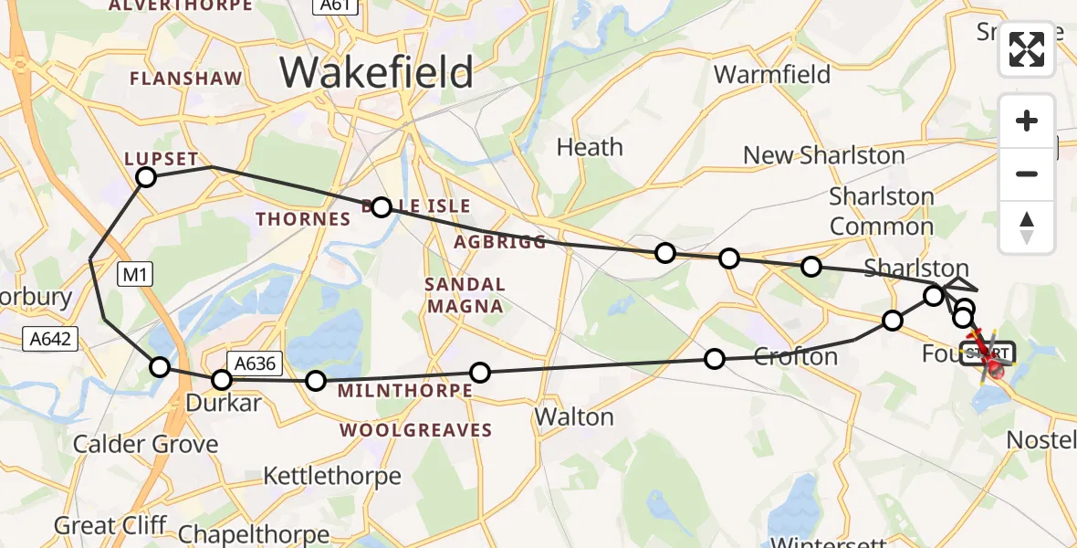 Flight path map showing Air Ambulance Helicopter route from YAA Nostell Helicopter Port to YAA Nostell Helicopter Port