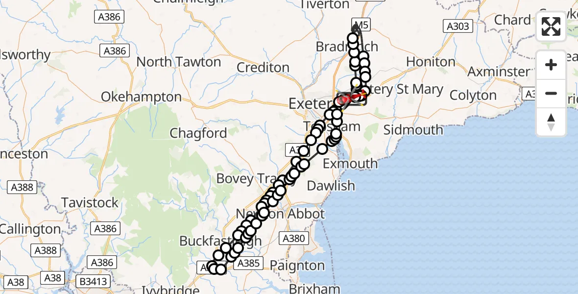 Flight path map showing Air Ambulance Helicopter route from Exeter International Airport to Exeter International Airport