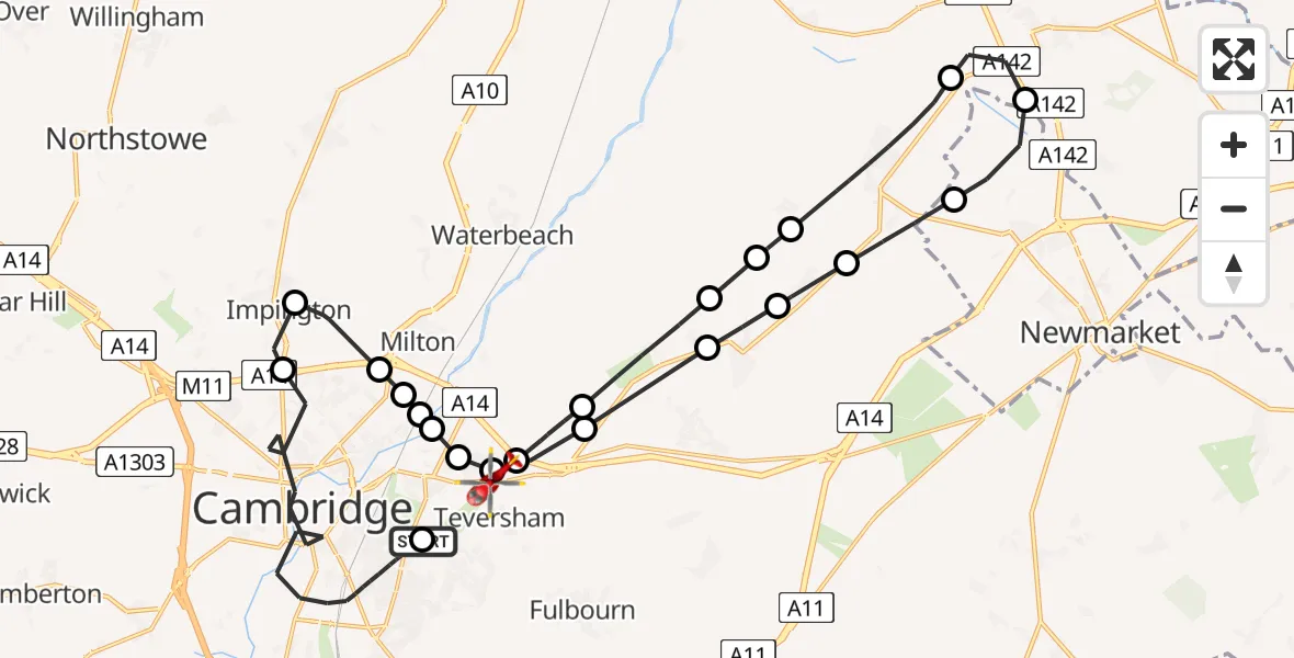 Flight route map: Air Ambulance Helicopter to Fen Ditton, Newmarket Road