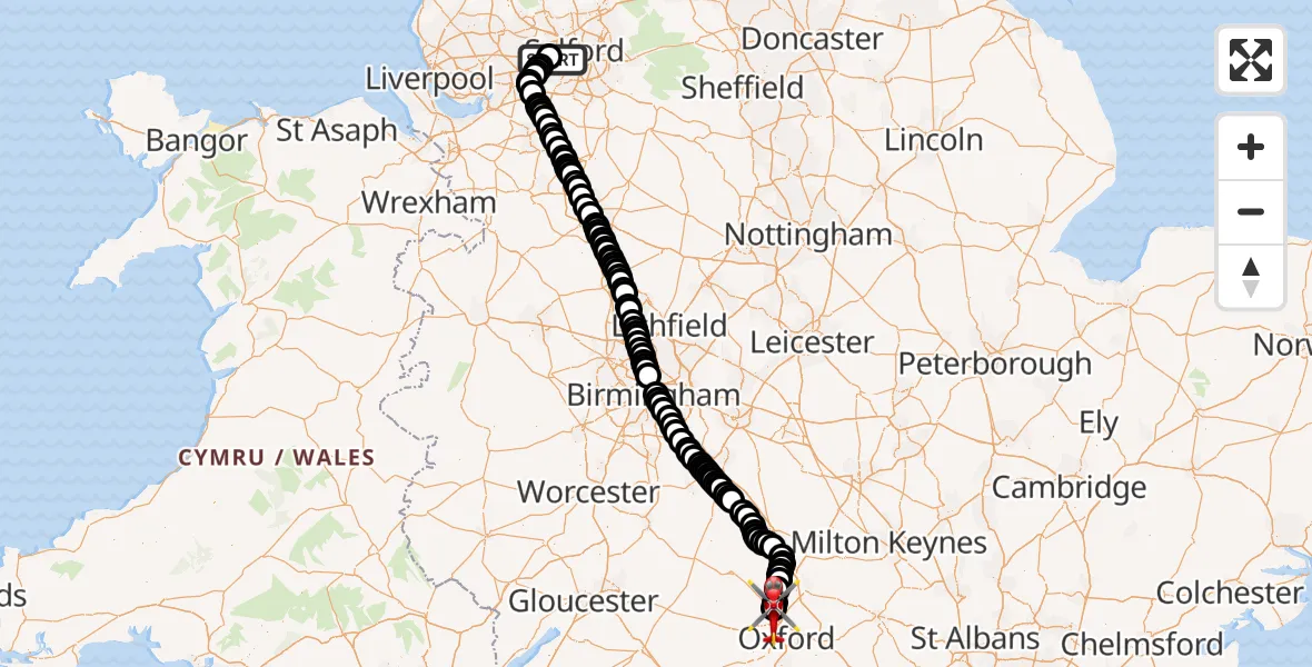 Flight route map: Air Ambulance Helicopter to London Oxford Airport, London Oxford Airport