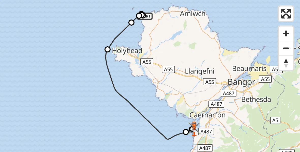 Flight route map: Coastguard Helicopter to Caernarfon Airport, Caernarfon Airport