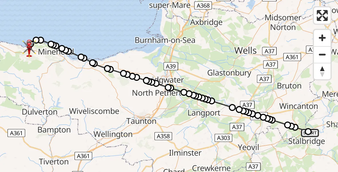 Flight route map: Air Ambulance Helicopter to Porlock, Sparkhayes Lane