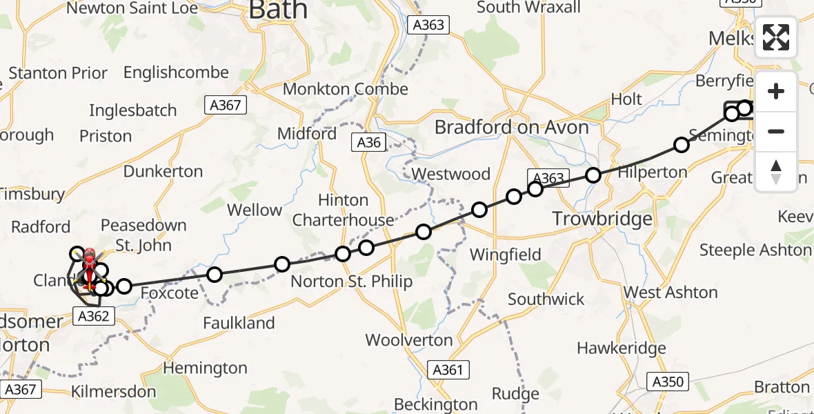 Flight route map: Air Ambulance Helicopter to Camerton, A367