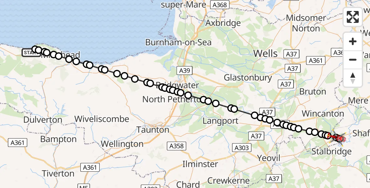 Routekaart van de vlucht: Air Ambulance Helicopter to Kington Magna, Nyland Lane