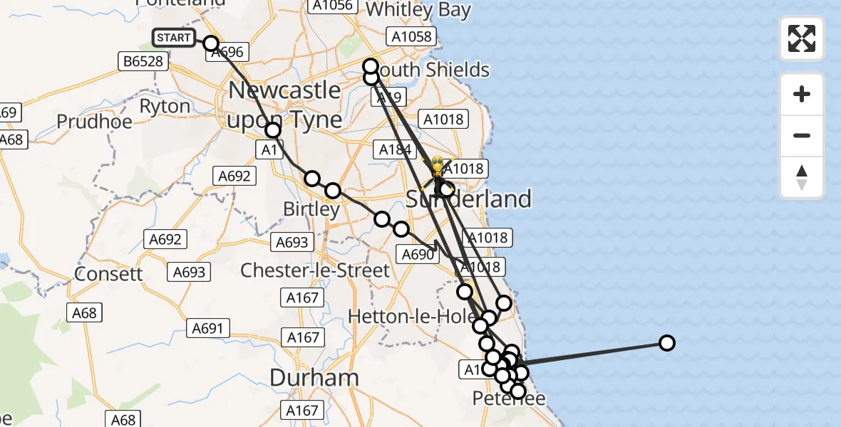 Flight route map: Police Helicopter to Sunderland, Greenwell Road