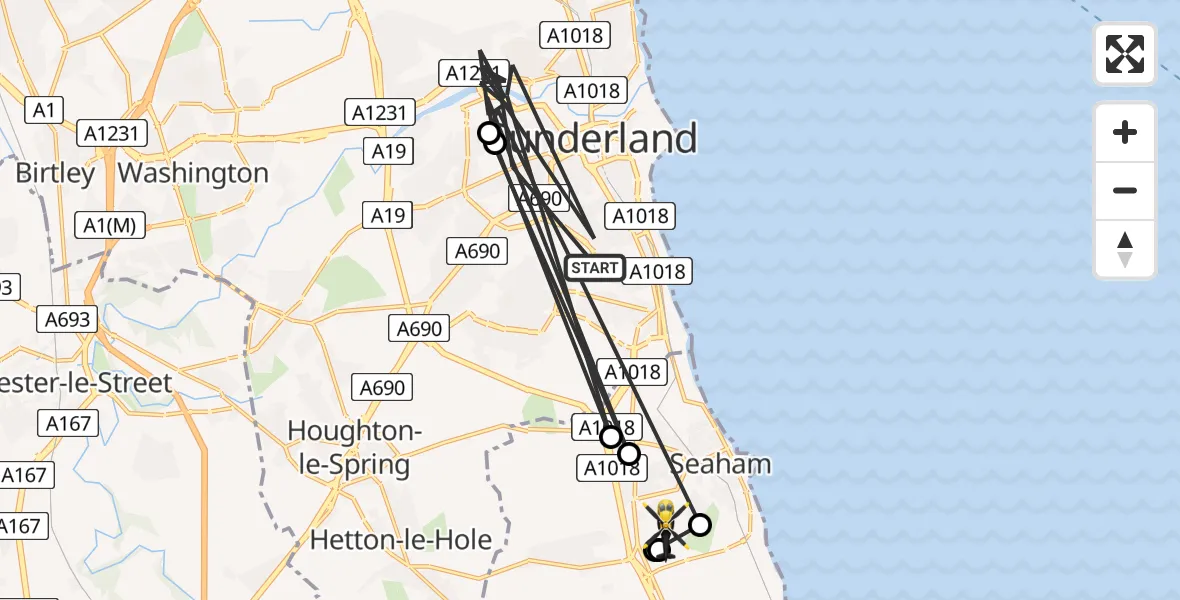Flight route map: Police Helicopter to Seaham, Dene Road