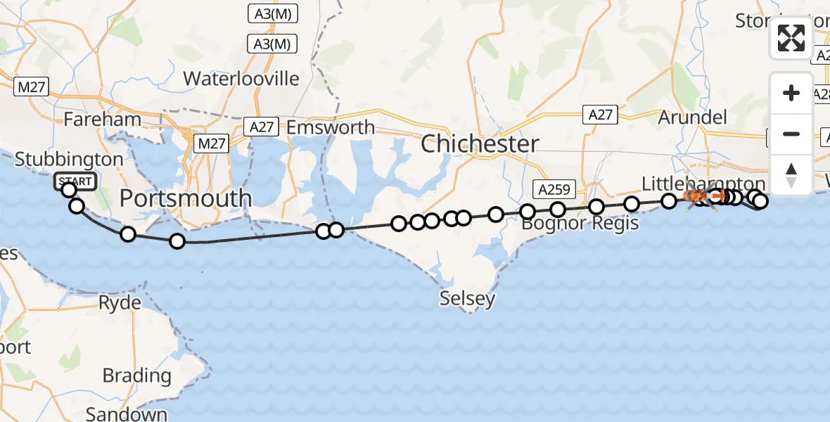 Flight route map: Coastguard Helicopter to Littlehampton, The Promenade