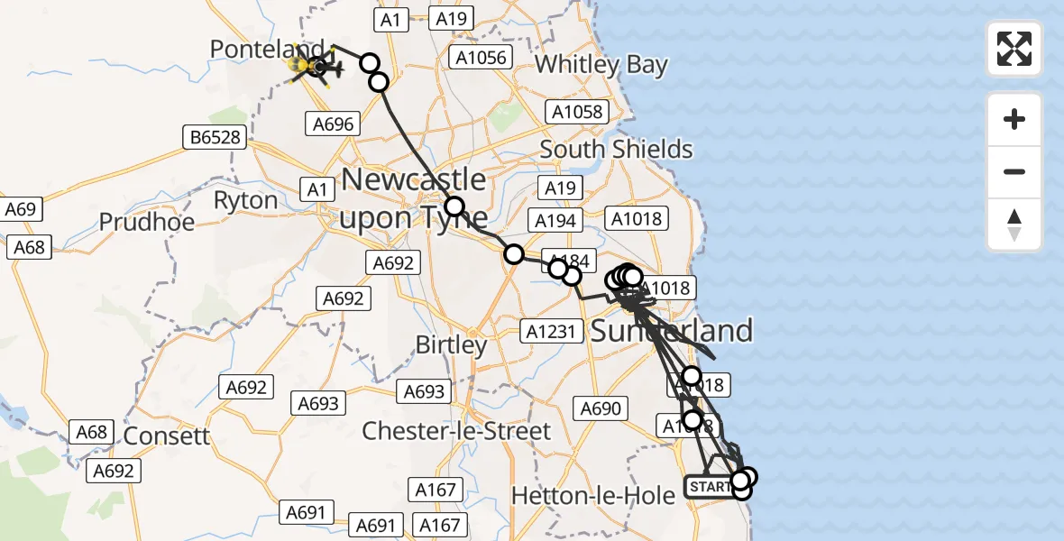 Flight route map: Police Helicopter to Newcastle International Airport, Newcastle International Airport