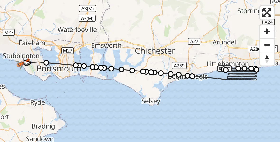 Flight route map: Coastguard Helicopter to Solent Airport, Solent Airport