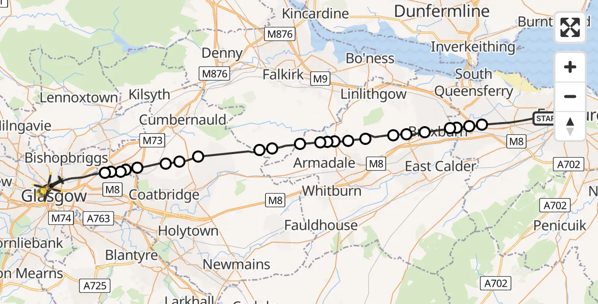 Flight route map: Police Helicopter to Glasgow, Forth and Clyde Canal Glasgow Spur Towpath