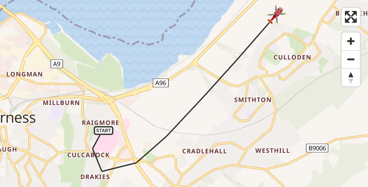Flight path map showing Air Ambulance Helicopter route from Inverness to Inverness