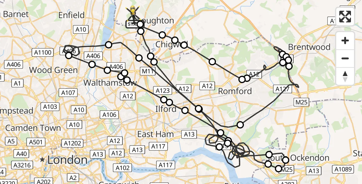 Flight path map showing Police Helicopter route from London Borough of Waltham Forest to Sewardstonebury