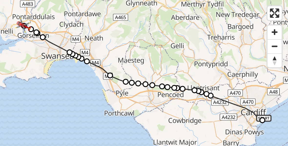 Flight route map: Air Ambulance Helicopter to Llangennech, Heol y Parc