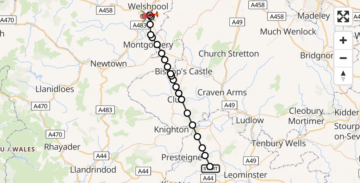 Routekaart van de vlucht: Air Ambulance Helicopter to Forden with Leighton and Trelystan, A490