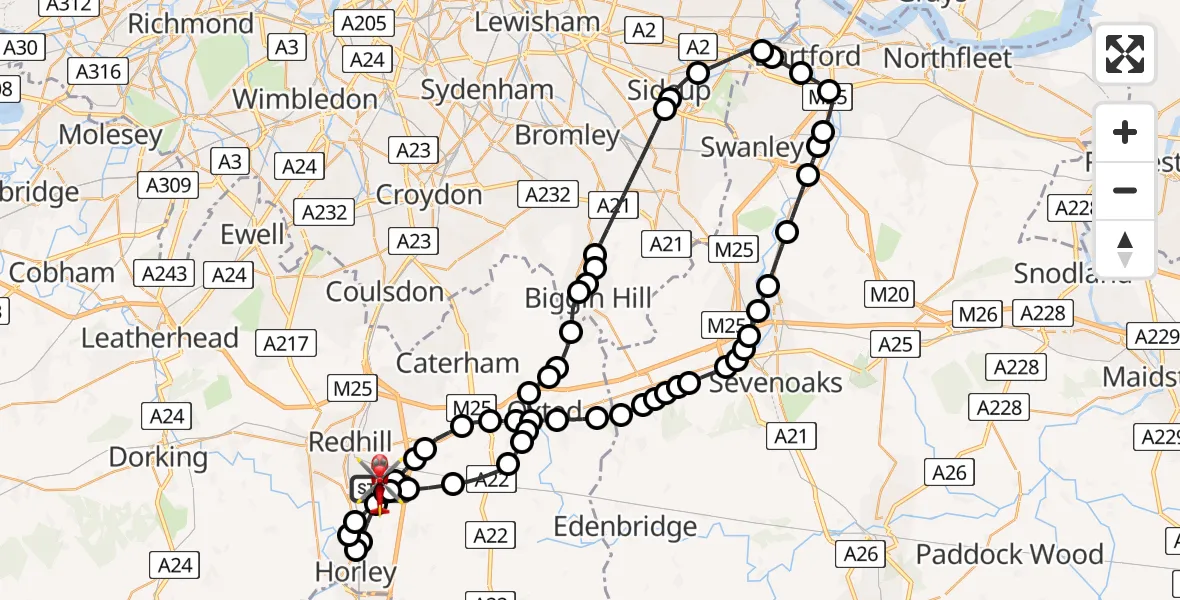 Flight path map showing Air Ambulance Helicopter route from Redhill Aerodrome to Redhill Aerodrome