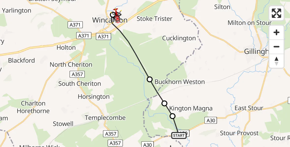 Flight route map: Air Ambulance Helicopter to Wincanton, Grants Lane