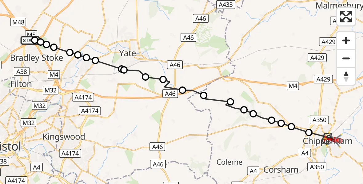 Flight route map: Air Ambulance Helicopter to Chippenham, Cocklebury Road