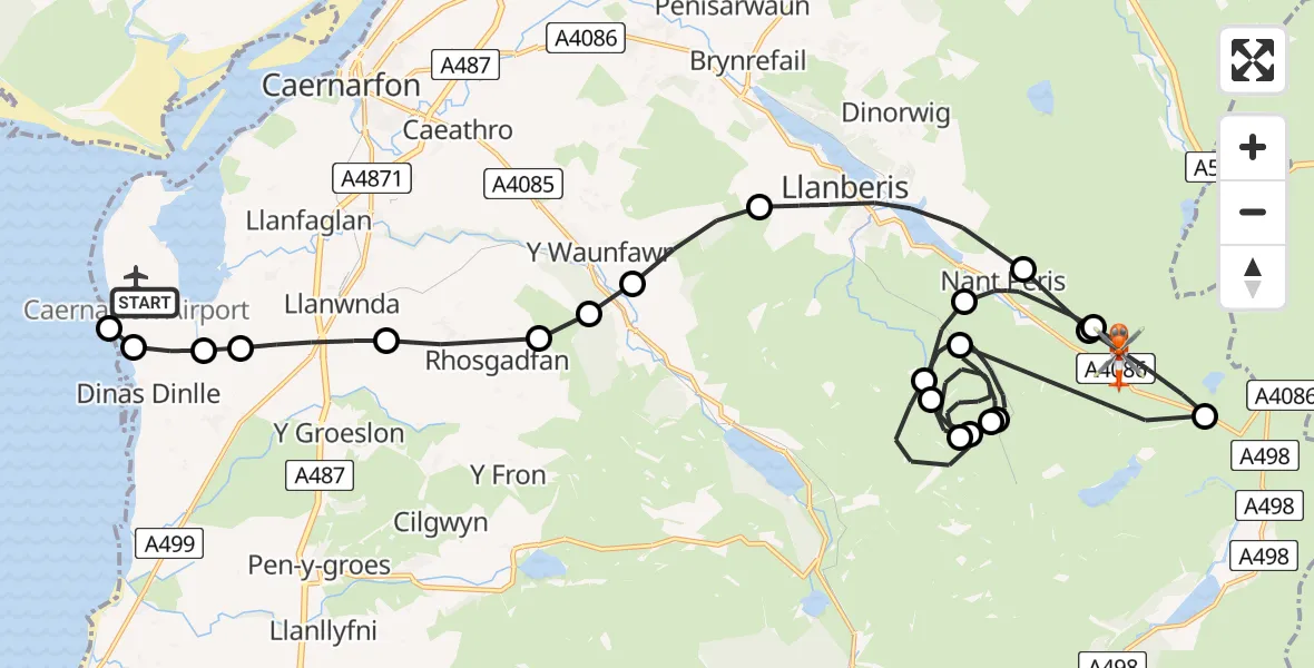 Flight route map: Coastguard Helicopter to Llanberis, A4086