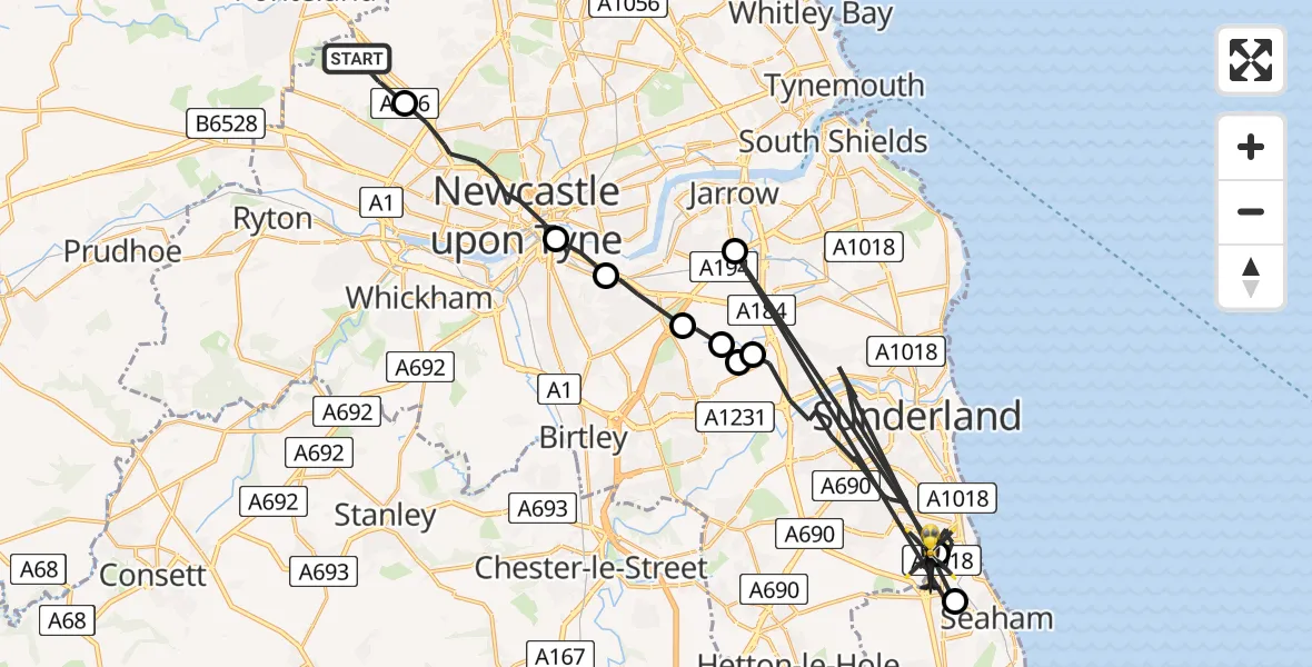 Flight route map: Police Helicopter to Sunderland, Sutton Close