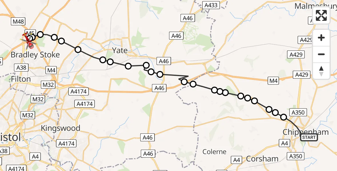 Flight route map: Air Ambulance Helicopter to Almondsbury Helicopter Base, Almondsbury Helicopter Base