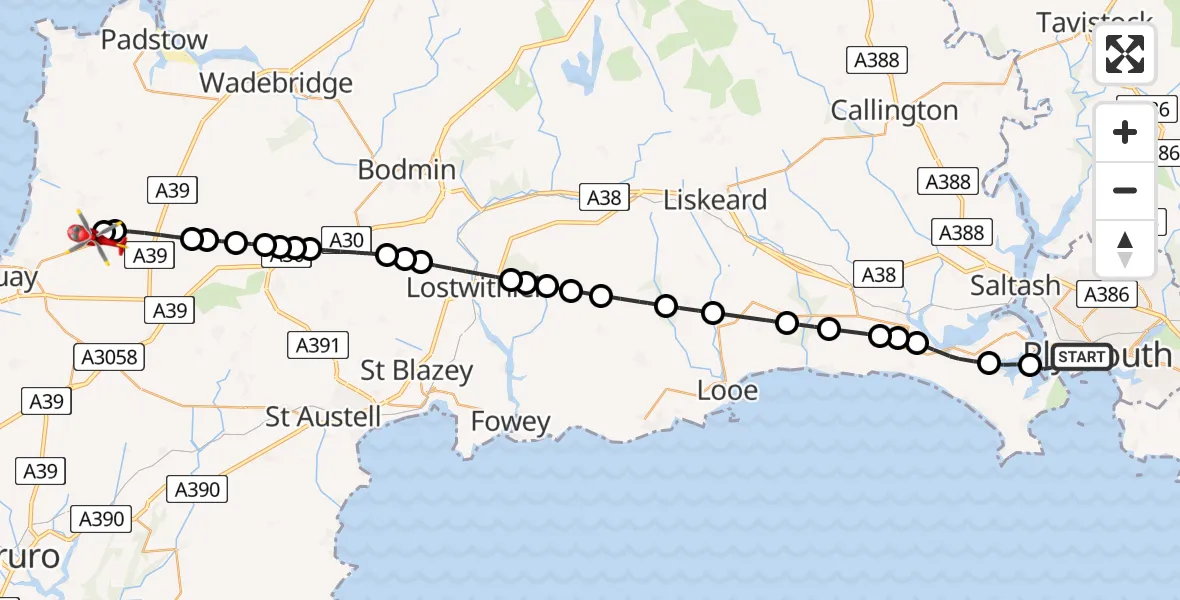 Flight route map: Air Ambulance Helicopter to Cornwall Airport Newquay, Cornwall Airport Newquay