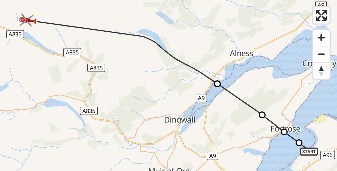 Flight route map: Air Ambulance Helicopter to Evanton, Old Military Road