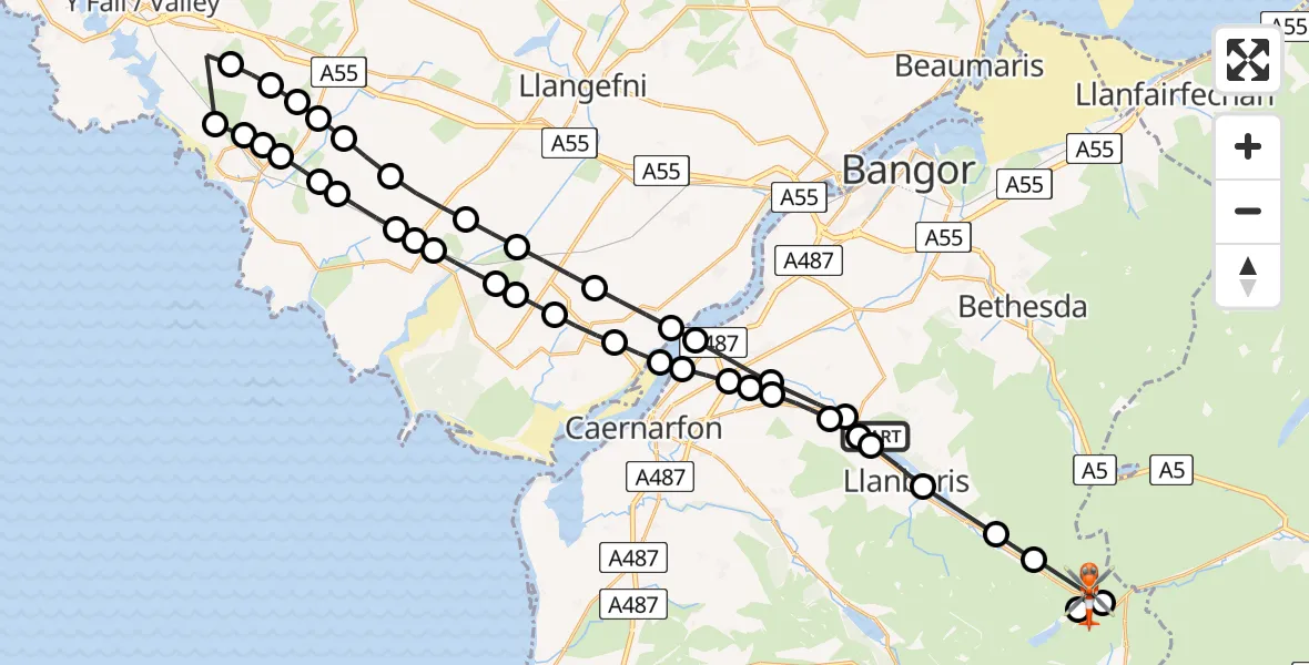 Flight route map: Coastguard Helicopter to Llanberis, Cylchdaith yr Wyddfa