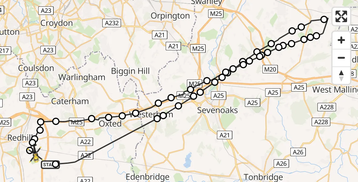 Routekaart van de vlucht: Police Helicopter to South Nutfield, Kings Mill Lane