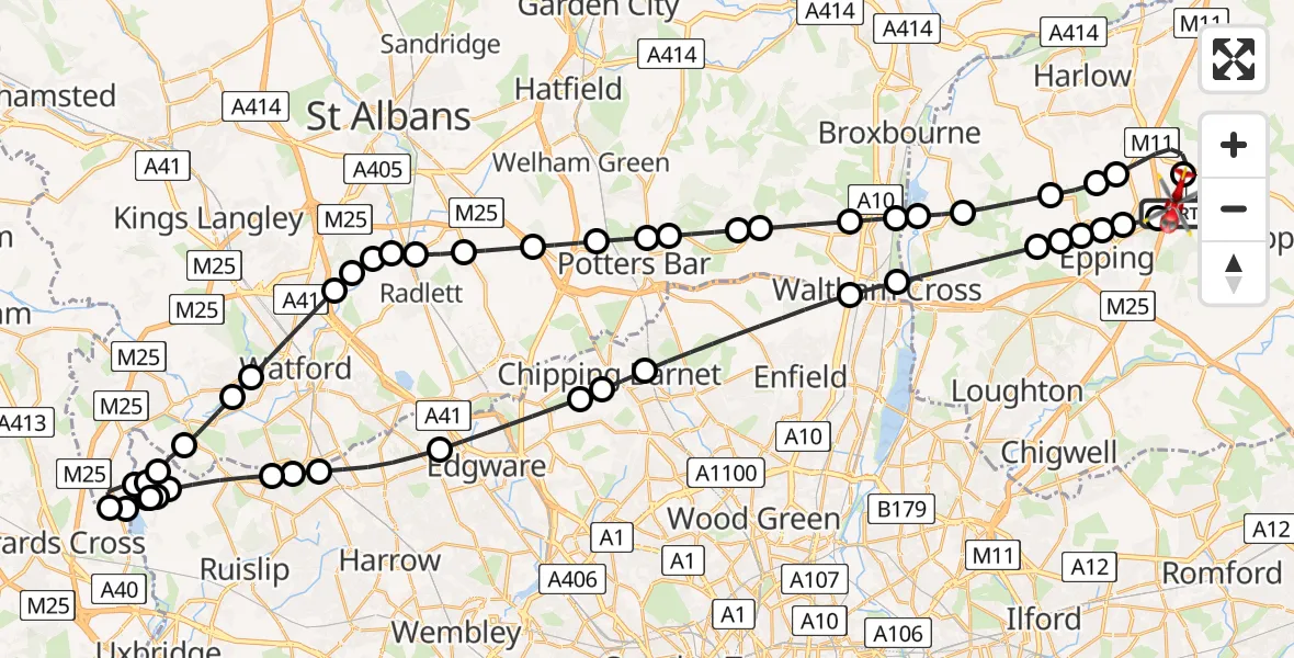 Flight path map showing Air Ambulance Helicopter route from North Weald Airfield to North Weald Airfield