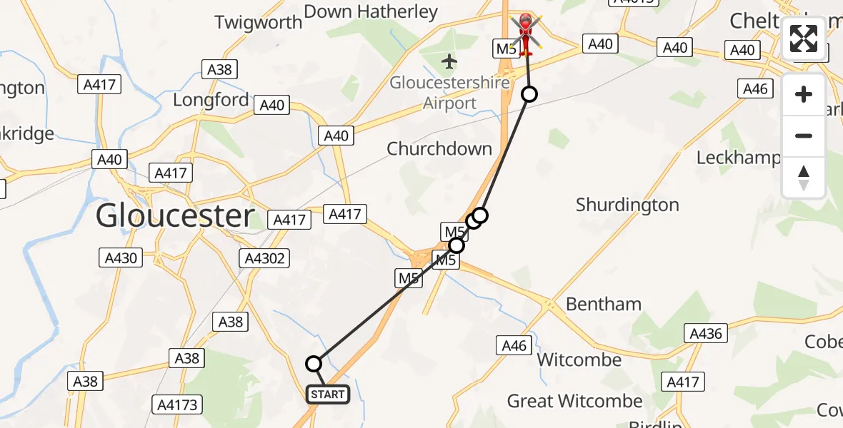 Routekaart van de vlucht: Air Ambulance Helicopter to Staverton, Bamfurlong Lane