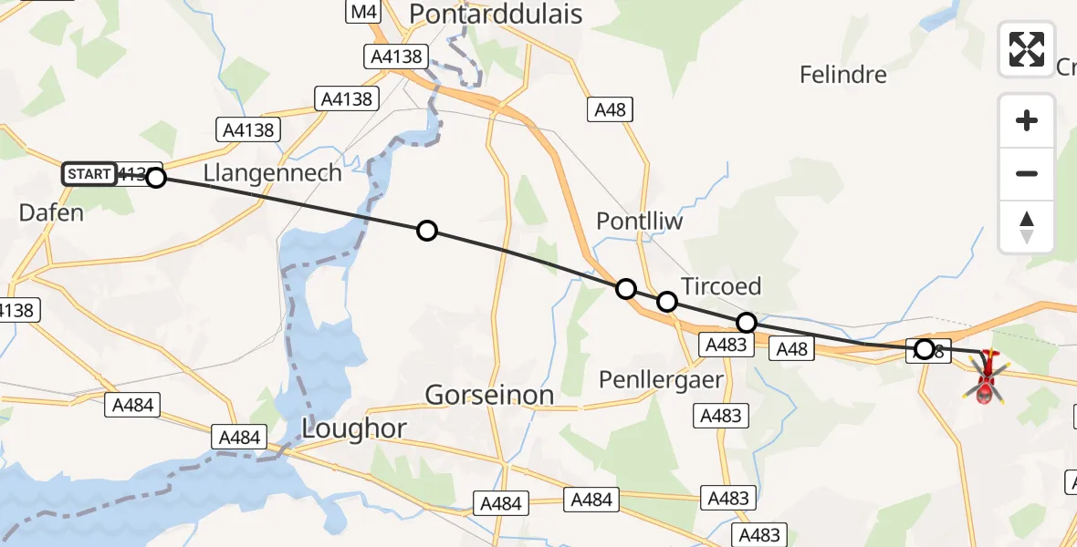 Flight route map: Air Ambulance Helicopter to Swansea, Clasemont Road
